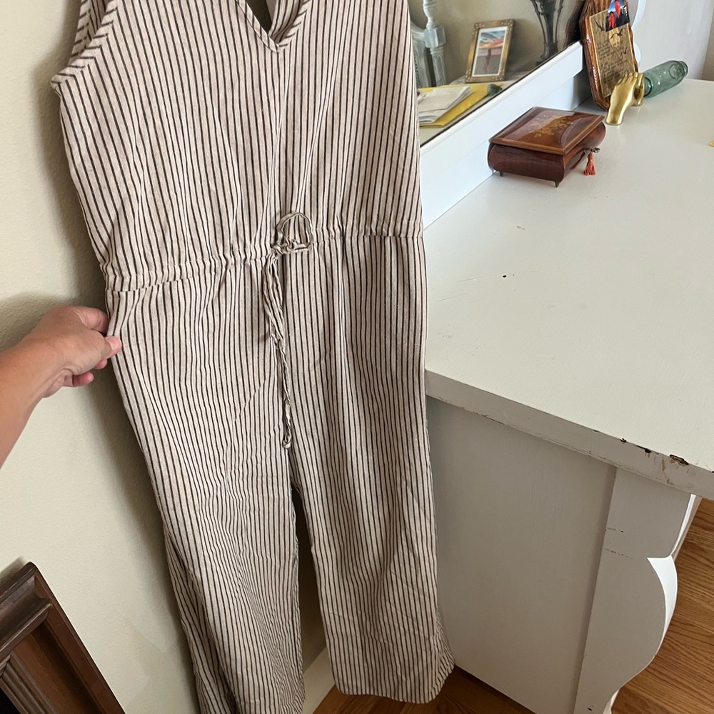 DREW Beige and Dark gre Vertical Stripe jumpsuit